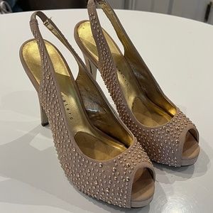 Martinez Valero Women's Beige Suede Gold Studded Pumps Size 9